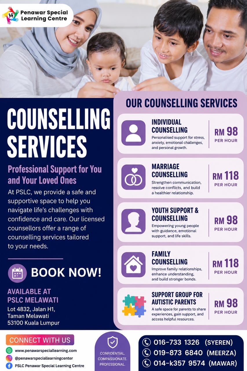 ✨ Professional Counselling Services Now Available at PSLC Melawati ✨